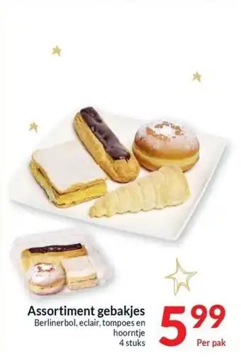 Intermarché Assortiment gebakjes Berlinerbol, eclair, tompoes en hoorntje 4 stuks aanbieding