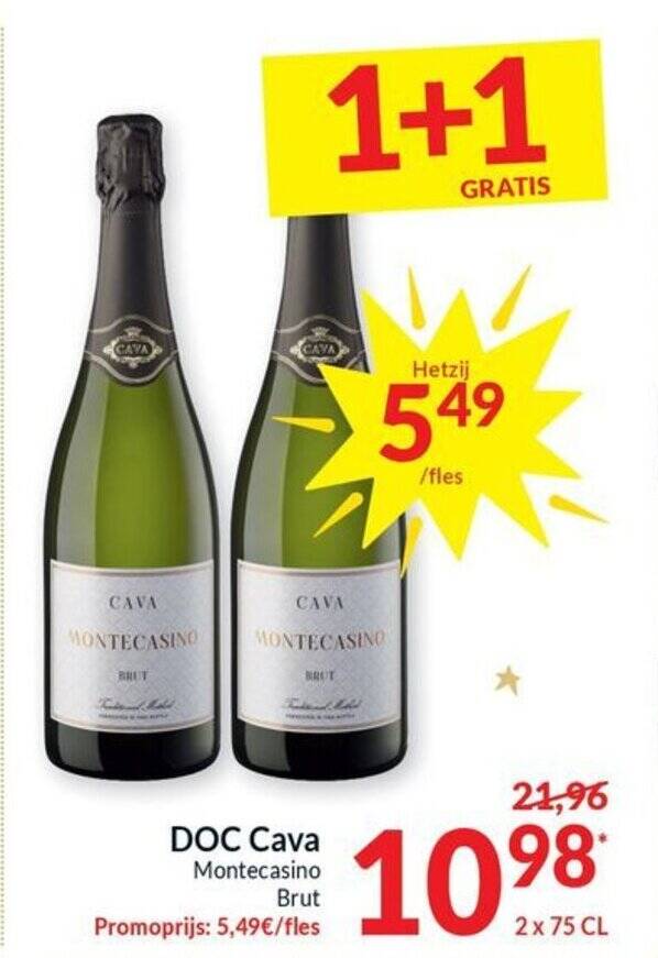 DOC Cava Montecasino Brut 2 x 75 cl 1+1 GRATIS promotie bij Intermarché