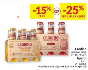 Intermarché Crodino Biondo of Rosso 0° 6 x 17,5 cL of Aperol Spritz 3 x 20 cL aanbieding