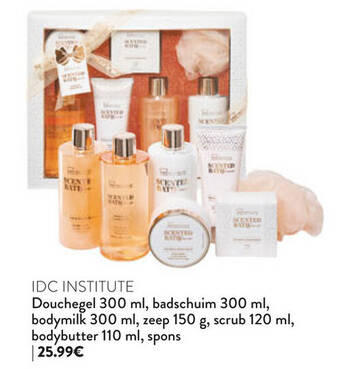 Di IDC INSTITUTE Douchegel 300 ml, badschuim 300 ml, bodymilk 300 ml, zeep 150 scrub 120 ml, bodybutter 110 ml, spons aanbieding