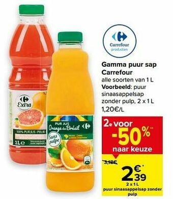 Carrefour sinaasappelsap zonder pulp aanbieding