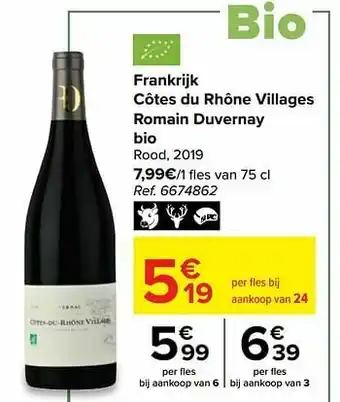 Carrefour Frankrijk côtes du rhône villages romain duvernay bio rood aanbieding