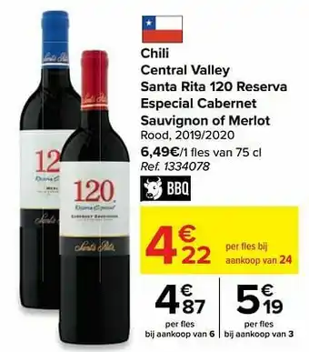 Carrefour Chili central valley santa rita 120 reserva especial cabernet sauvignon of merlot rood aanbieding