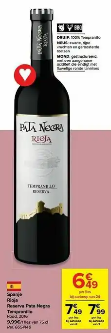 Carrefour Spanje rioja reserva pata negra tempranillo rood aanbieding