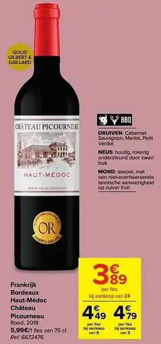 Carrefour Frankrijk bordeaux haut-médoc château picourneau rood aanbieding