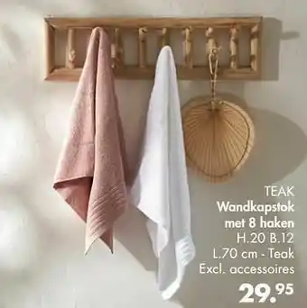 Teak wandkapstok met 8 haken