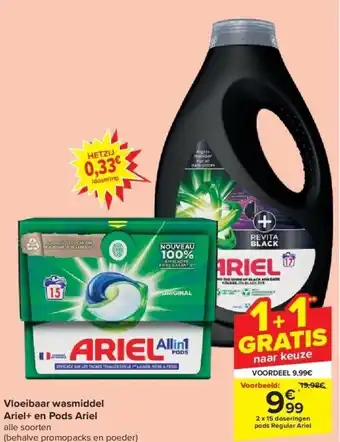Carrefour Vloeibaar wasmiddel ariel+ en pods ariel aanbieding