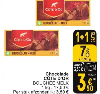Cora CÔTE D'OR BOUCHÉE MELK Chocolade 2 x 200g aanbieding