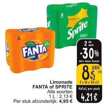Cora Limonade FANTA of SPRITE Alle soorten 2 x (6 x 33cl) aanbieding