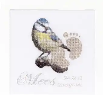 Thea gouverneur - borduurpakket met telpatroon - 509a - voorgesorteerde dmc garens - geboortetegel mees - aida - 15 cm x 15 c
