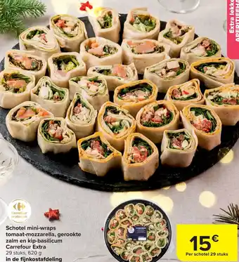 Carrefour Schotel mini-wraps tomaat-mozzarella, gerookte zalm en kip-basilicum aanbieding
