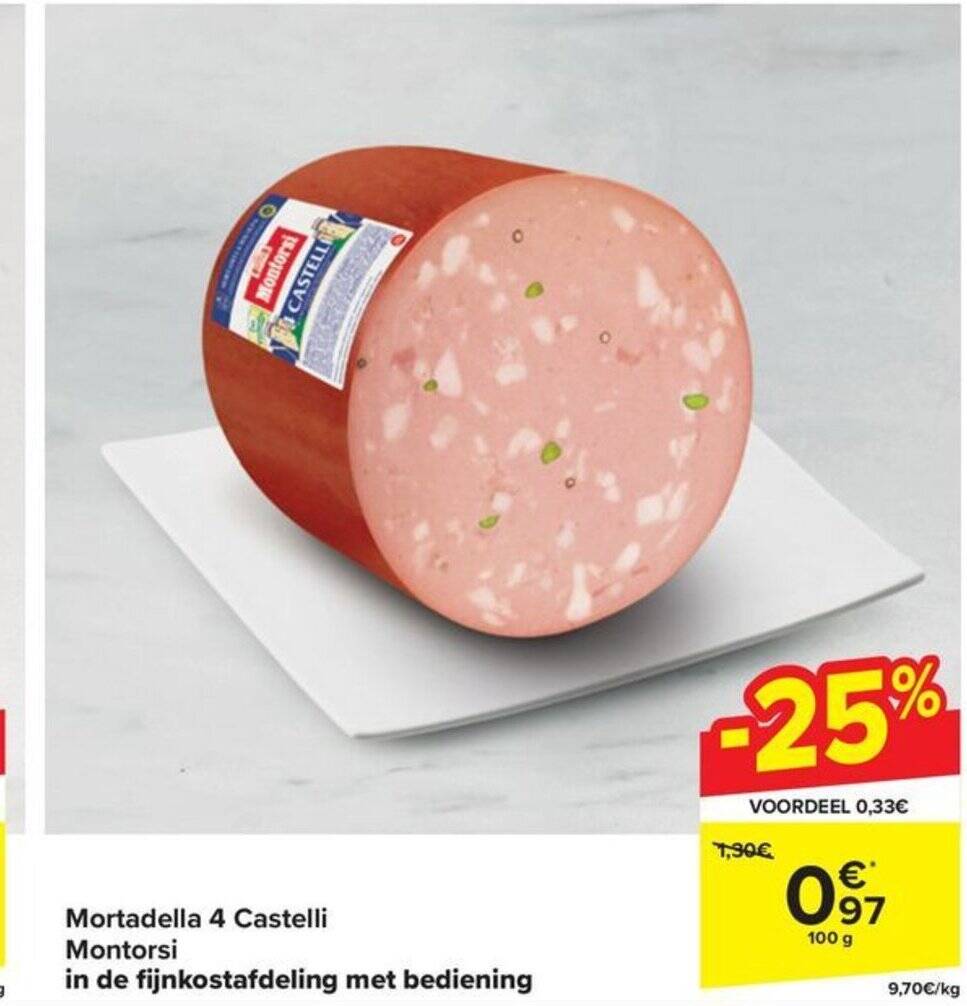 Mortadella 4 Castelli Montorsi in de fijnkostafdeling met bediening
