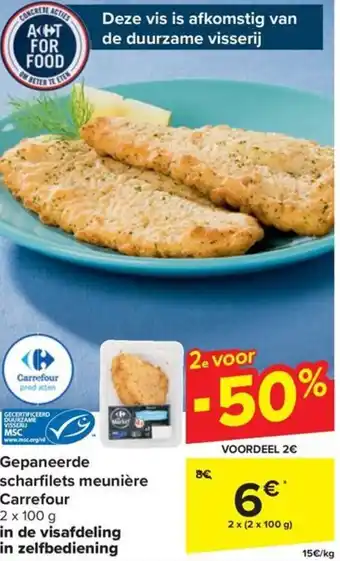 Carrefour Market Gepaneerde scharfilets meunière Carrefour 2 x (2 x 100g) aanbieding