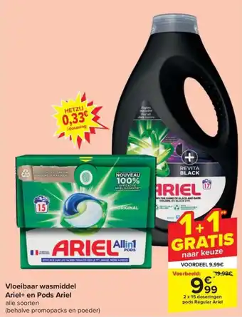 Carrefour Market Vloeibaar wasmiddel Ariel+ en Pods Ariel aanbieding