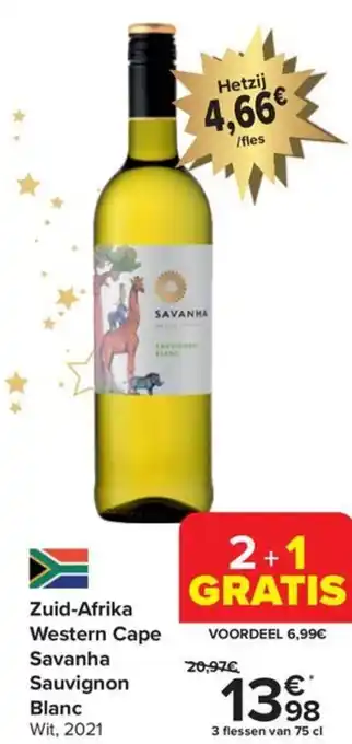 Carrefour Zuid-Afrika Western Cape Savanha Sauvignon Blanc Wit, 2021 3 flessen van 75 cl aanbieding