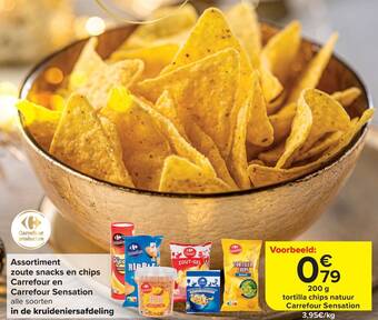 Carrefour Assortiment zoute snacks en chips Carrefour en Carrefour producten 200g aanbieding