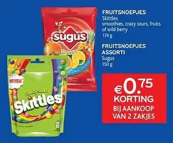 Fruitsnoepjes skittles fruitsnoepjes assorti sugus €0. 75 korting bij aankoop van 2 zakjes