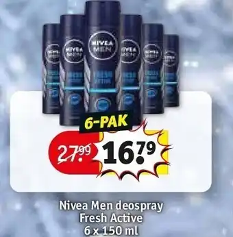 Kruidvat Nivea men deospray fresh active 6 x 150 ml aanbieding