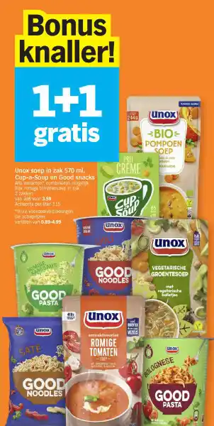 Albert Heijn Unox soep in zak 570 ml, cup-a-soup en good snacks aanbieding