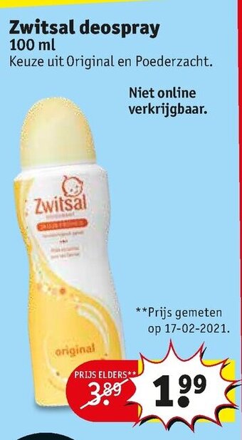 Kruidvat Zwitsal deospray 100ml aanbieding