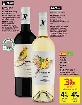 Carrefour Spanje jumilla verdecillo vegan bio rood of wit, 2020 aanbieding