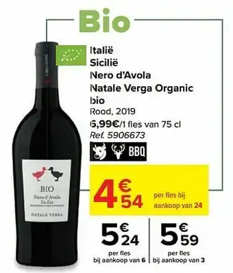 Carrefour Italië sicilië nero d’avola natale verga organic bio rood, 2019 aanbieding