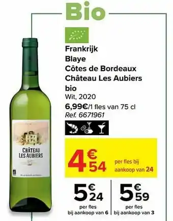 Carrefour Market Frankrijk blaye côtes de bordeaux château les aubiers bio wit aanbieding