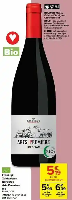 Carrefour Market Frankrijk zuidwesten bergerac arts premiers bio rood aanbieding