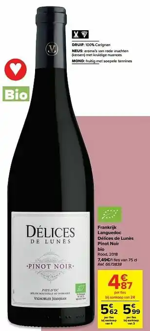Carrefour Frankrijk languedoc délices de lunès pinot noir bio rood, 2018 aanbieding