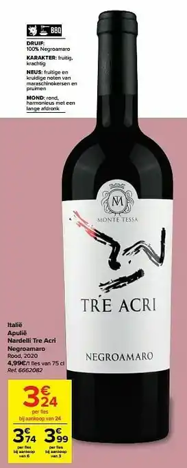 Carrefour Italië apulië nardelli tre acri negroamaro rood, 2020 aanbieding