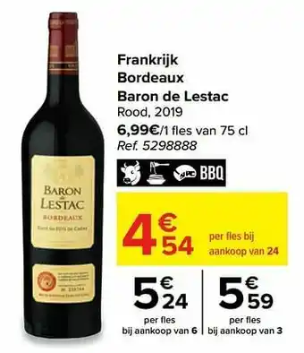 Carrefour Frankrijk bordeaux baron de lestac rood, 2019 aanbieding