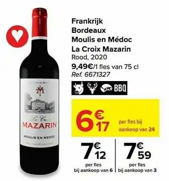 Carrefour Frankrijk bordeaux moulis en médoc la croix mazarin rood, 2020 aanbieding