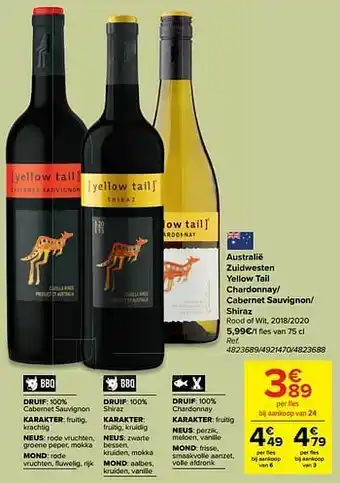 Carrefour Australië zuidwesten yellow tail chardonnay- cabernet sauvignon- shiraz rood of wit, 2018-2020 aanbieding