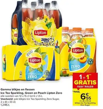 Carrefour Ice Tea Sparkling, Green en Peach lipton Zero aanbieding