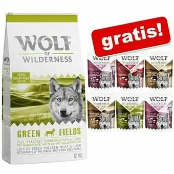 Zooplus 12 kg Wolf of Wilderness Droogvoer + 6 x 300 g Natvoer gratis! - JUNIOR Wild Hills- Eend aanbieding