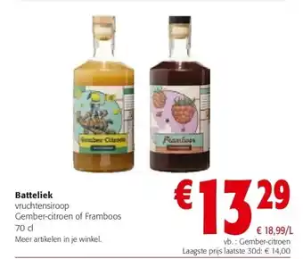 Colruyt Batteliek vruchtensiroop gember-citroen of framboos 70 cl aanbieding