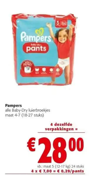 Colruyt Pampers alle baby-dry luierbroekjes maat 4-7 (18-27 stuks) aanbieding