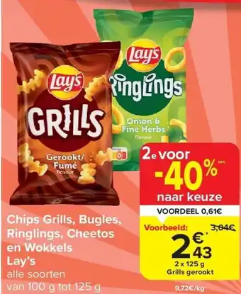 Carrefour Chips grills, bugles, ringlings, cheetos en wokkels lay’s aanbieding