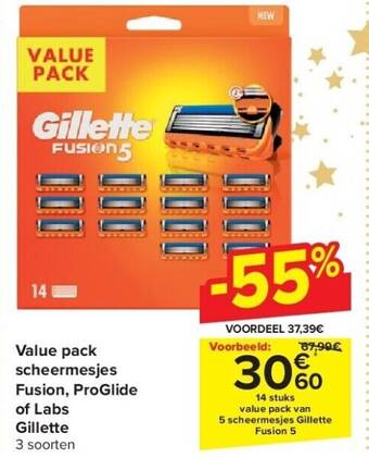 Carrefour Value pack scheermesjes fusion, proglide of labs gillette aanbieding