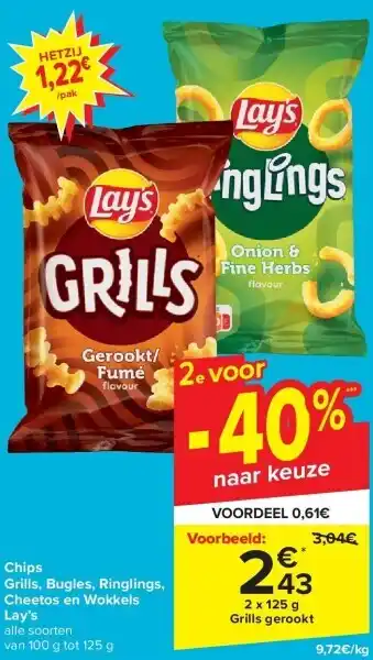 Carrefour Chips grills, bugles, ringlings, cheetos en wokkels lay’s aanbieding