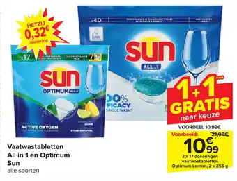 Carrefour Vaatwastabletten All in 1 en Optimum Sun 2 x 17 aanbieding