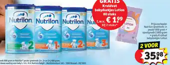 Kruidvat Nutrilon groeimelk 1+ peuter 800 gram + opvolgmelk 2 800 gram + gratis Kruidvat babydoekjes Lotion aanbieding