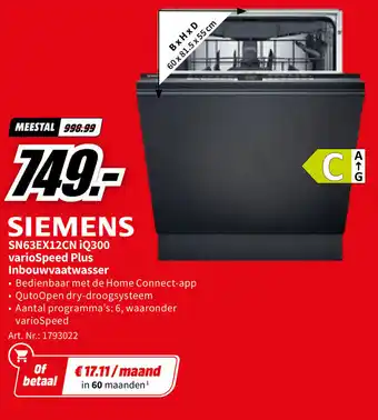 MediaMarkt SIEMENS SN63EX12CN iQ300 varioSpeed Plus Inbouwvaatwasser aanbieding