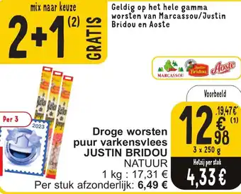 Cora JUSTIN BRIDOU NATUUR Droge worsten puur varkensvlees 3 x 250g aanbieding