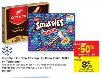 Hyper Carrefour Ij's Cote d'Or, Smarties Pop Up, Oreo, Daim, Milka en Toblerone 5x85 ml aanbieding