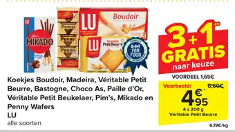 Carrefour Koekjes Boudoir, Madeira, Véritable Petit Beurre, Bastogne, Choco As, Paille d'Or LU 4 x 200 g aanbieding