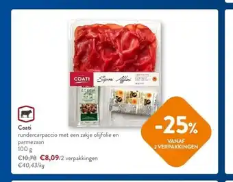 OKay Coati rundercarpaccio met een zakje olijfolie en parmezaan 100 g aanbieding