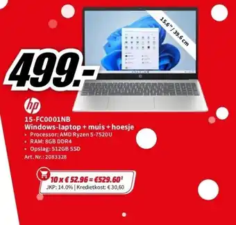 MediaMarkt Hp laptop 15-fc0001nb amd ryzen 5 7520u + muis + hoesje (823t2eabun) aanbieding