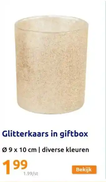 Action Glitterkaars in giftbox Ø 9 x 10 cm aanbieding