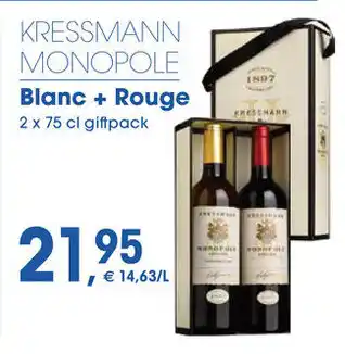Prik en Tik KRESSMANN MONOPOLE Blanc+ Rouge 2 x 75 cl giftpack aanbieding